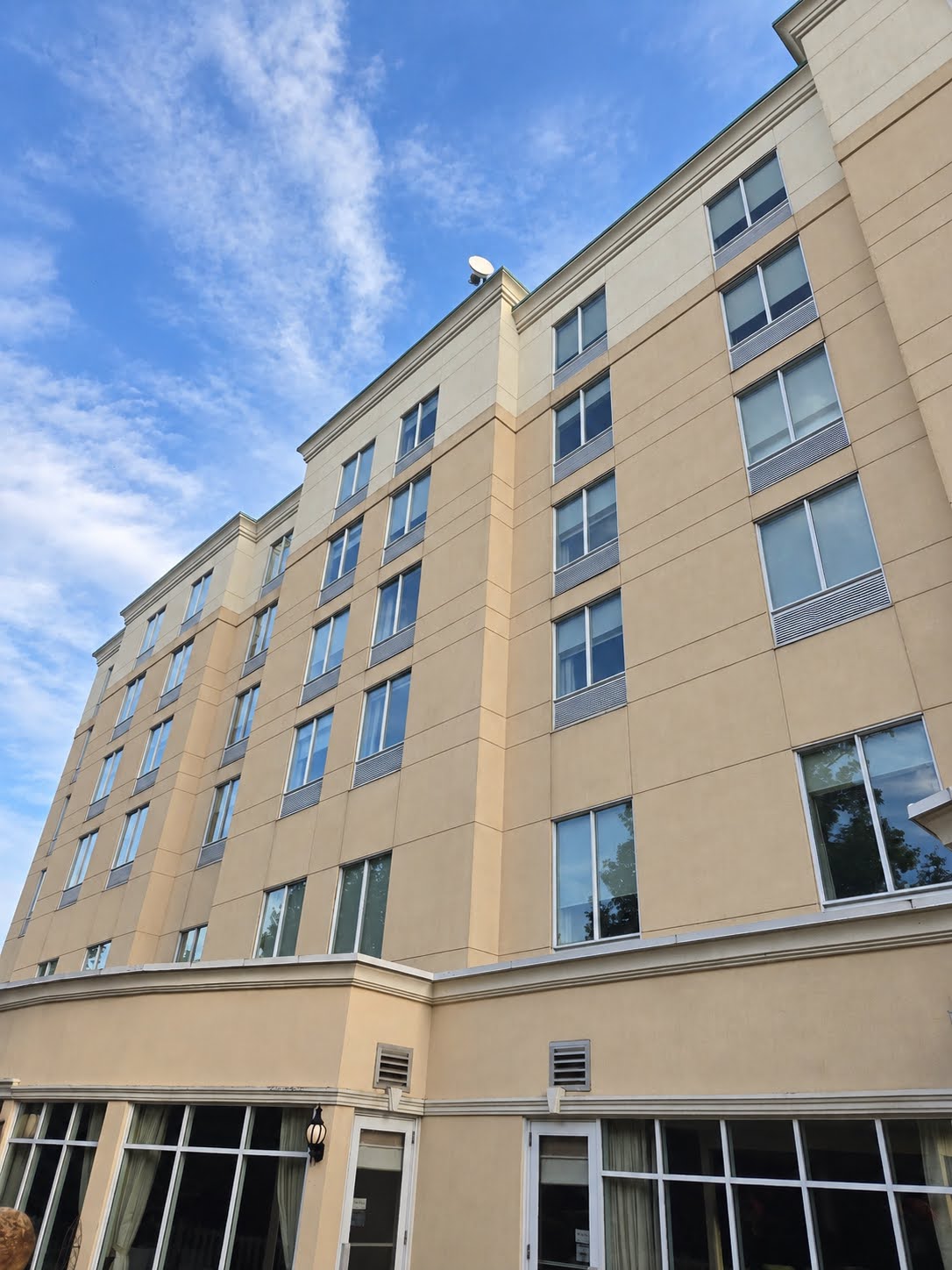 Clean commercial building exterior after scheduled maintenance