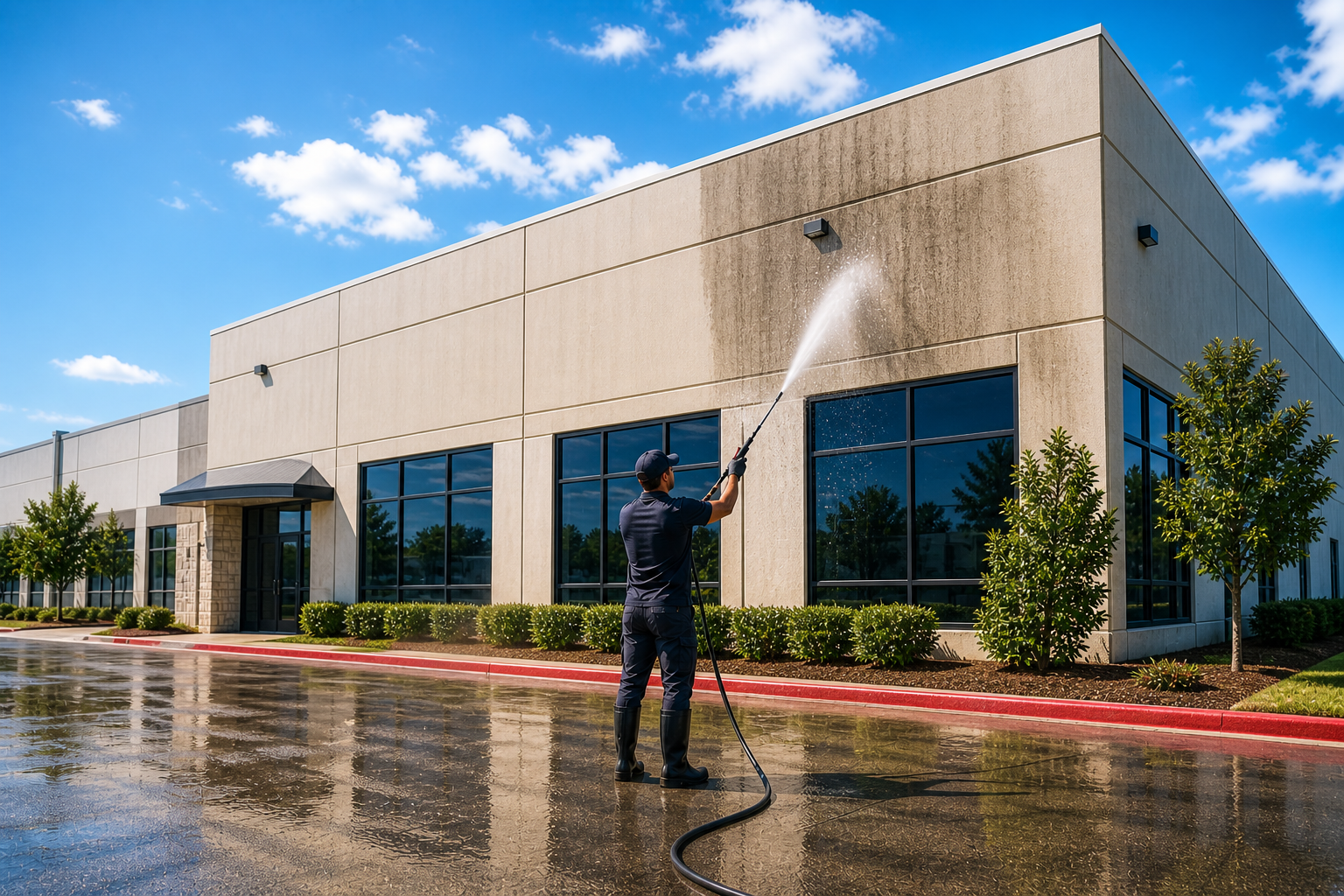 Exterior wall cleaning at a commercial building